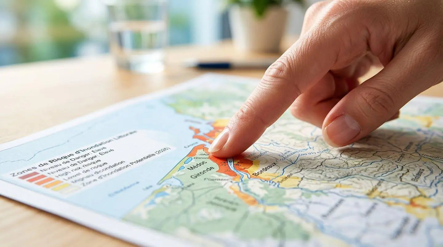 Gros plan d'une main professionnelle pointant du doigt une carte météorologique de France avec des marqueurs de zones à risque, mise au point nette sur les détails du document