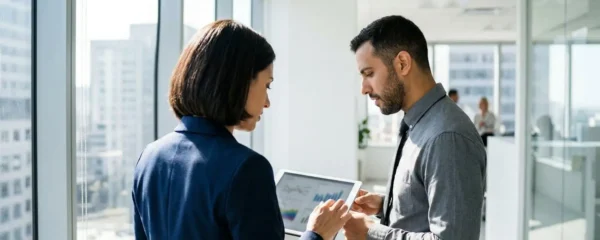 Deux professionnels en tenue de travail contemporaine consultent des graphiques climatiques sur une tablette dans un bureau lumineux moderne, vus de profil sans regarder la caméra