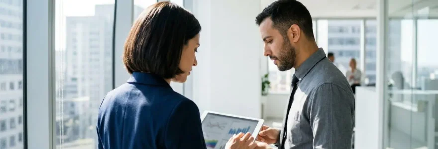 Deux professionnels en tenue de travail contemporaine consultent des graphiques climatiques sur une tablette dans un bureau lumineux moderne, vus de profil sans regarder la caméra