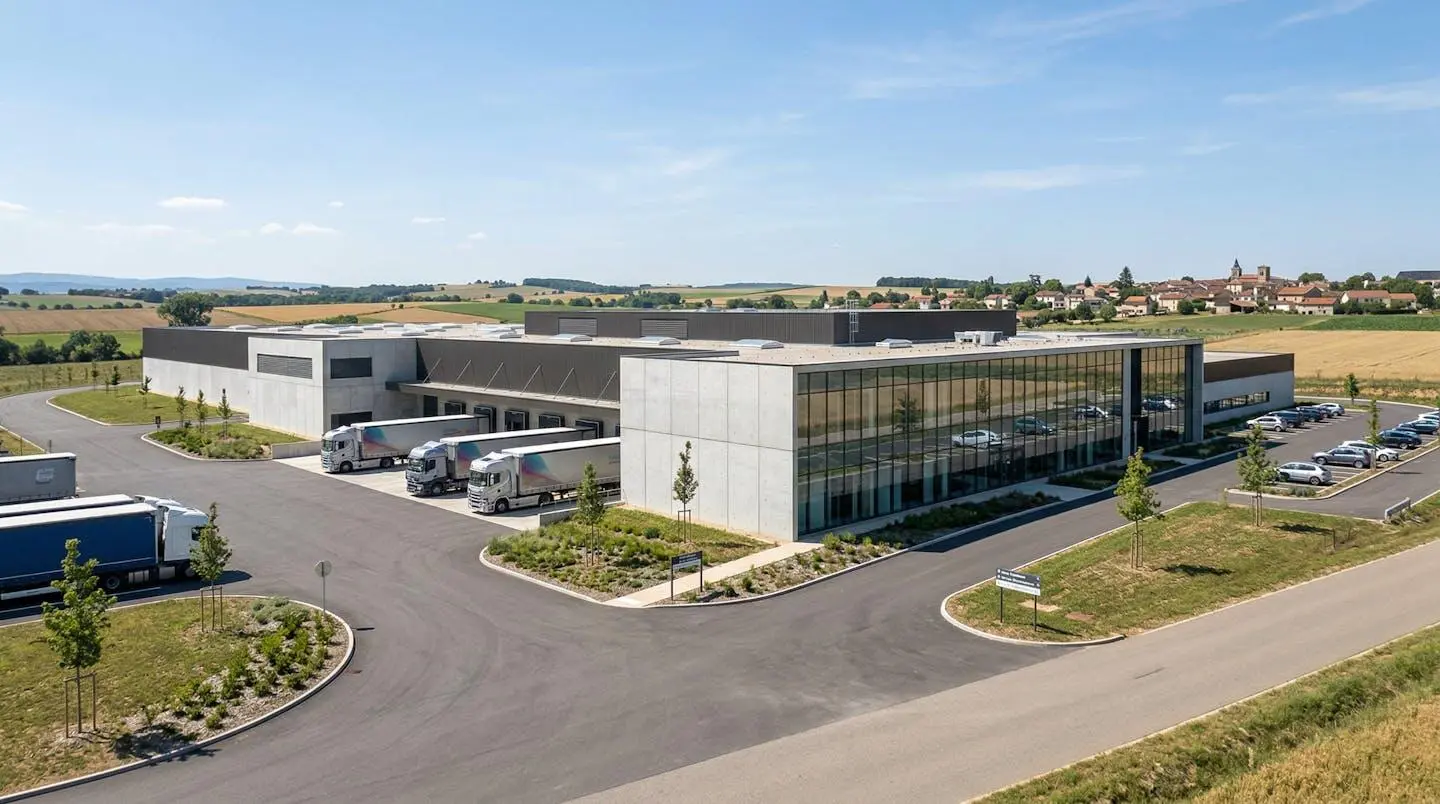 Vue en angle large d'une installation industrielle de production française contemporaine avec architecture moderne et lignes épurées, baignée de lumière naturelle, sans présence humaine au premier plan